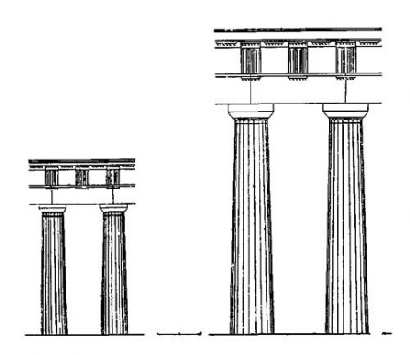 Ордера храма Аполлона в Бассах (слева) и Парфенона в одном масштабе