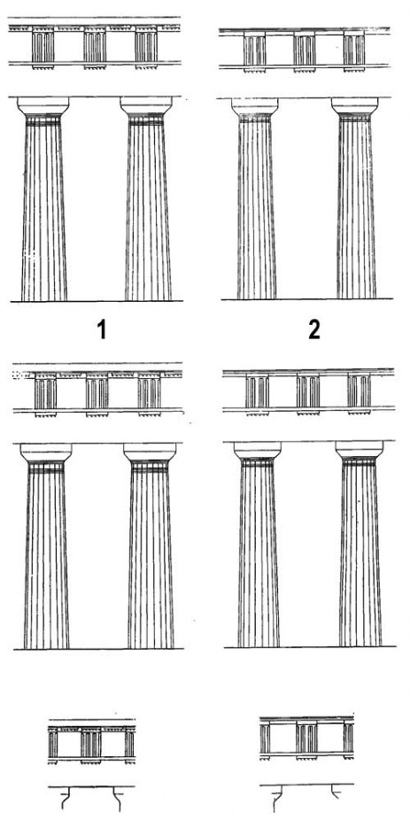 Сравнение ордеров (вверху — в одном масштабе, в середине — колонны приведены к одной высоте, внизу — антаблементы без симы приведены к одной высоте)