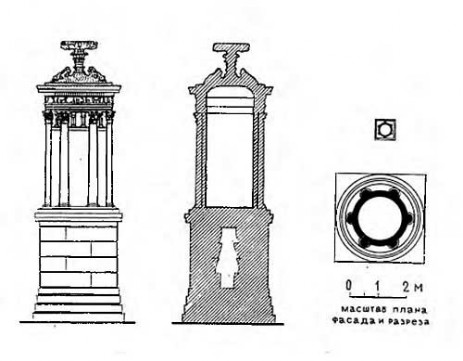 Афины. Памятник Лисикрата, 334 г. до н. э. планы (детальный и схематический), фасад, разрез