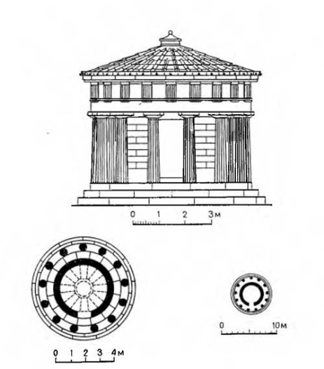 Дельфы. Святилище Аполлона. Древний фолос, около 580 г. до н. э. фасад, планы (справа — схематический)
