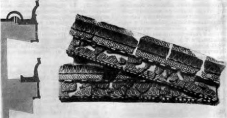 Олимпия. Святилище Зевса. Сокровищница гелоян, около 580 г. до н. э., перестроена в V в. до н. э. Терракотовая облицовка карнизов фронтона, разрез по фронтону (реконструкция)