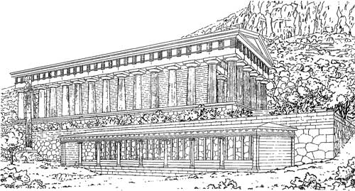 Дельфы. V храм Аполлона, 513—506 гг. до н. э. и стоя афинян (реконструкция)