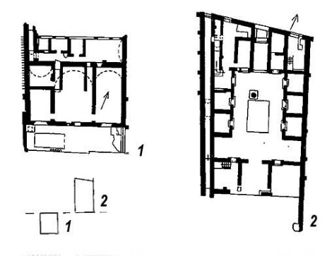 Помпеи. Дом Мозаики с голубями; 1 — план на уровне нижней террасы; 2 — план на уровне атрия